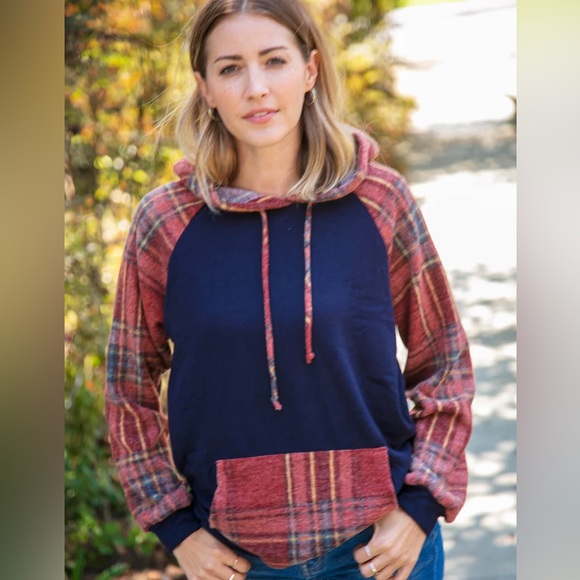 Navy Blue Cashmere Feel Fall Plaid Hooded Top, Size small - Picture 2 of 8